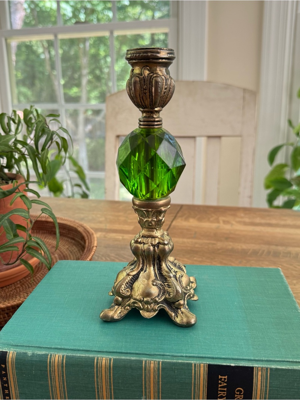 Vintage Hollywood Regency Brass + Lucite Emerald Green Candlestick Holder, 8.25"